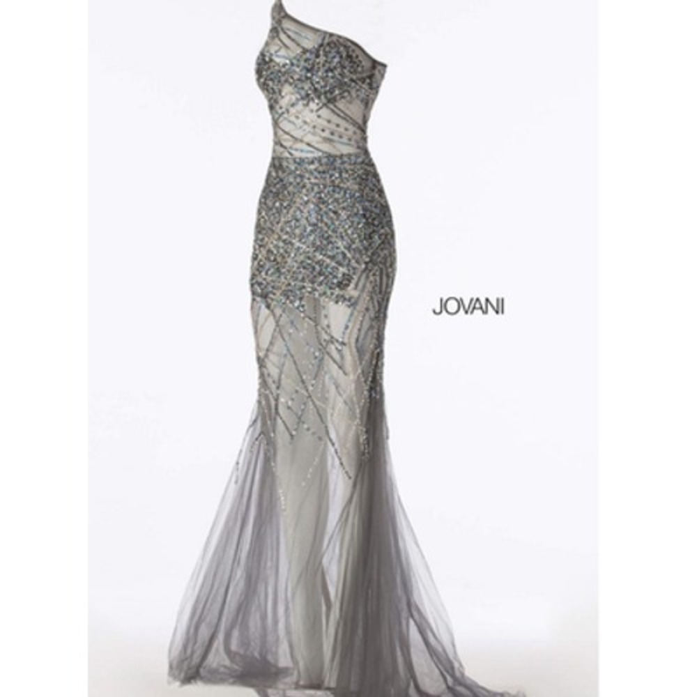 Jovani Evening Gown Womens 2 Gray One Shoulder Sequin Tulle Prom Dress